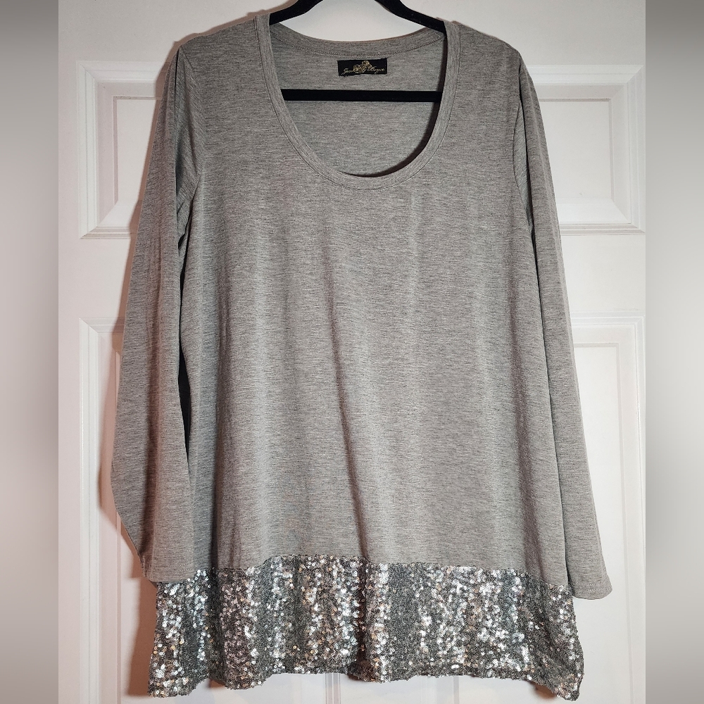 Joan Boyce Gray And Silver Sequin Detail Long Sleeve Top